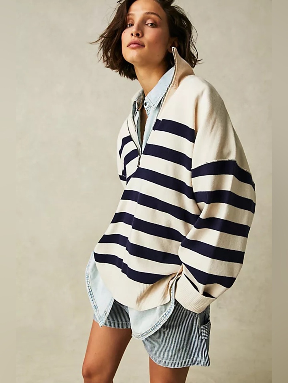 FREE PEOPLE Coastal Stripe Pullover Half-Zip Relaxed Sweater Sz: XS